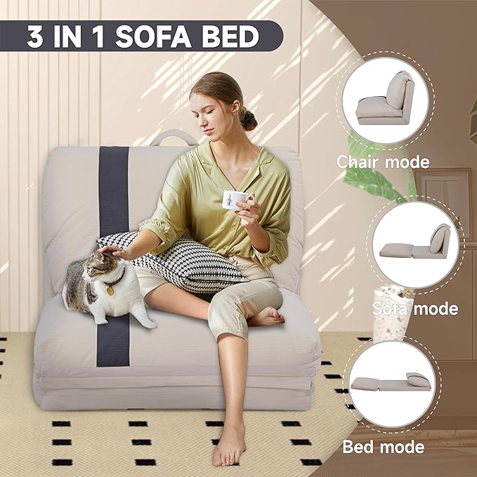 Folding Sofa Bed Human Dog Bed for Adult with 6-Position Adjustable Backrest Metal Frame &amp Handle Lazy Floor Lounger for Living Room Bedroom Apartment Beige