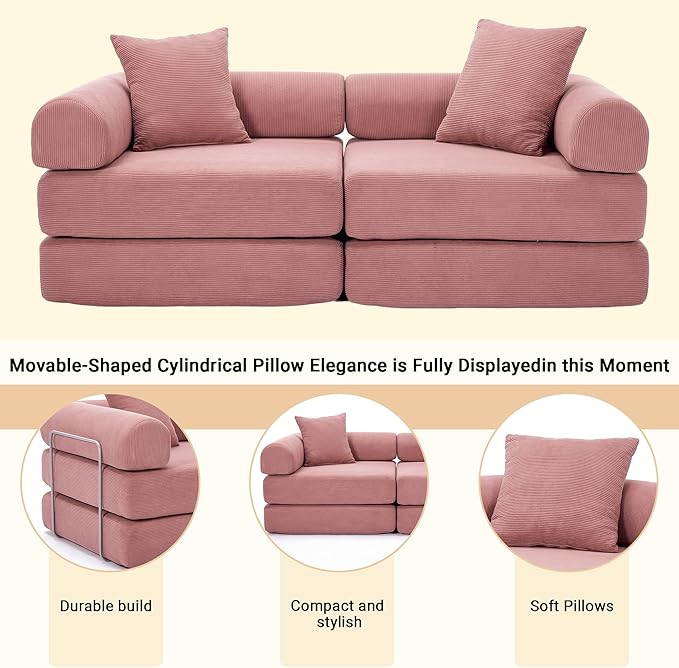 73 Convertible Sleeper Sofa Bed Corduroy Boneless Couch in a Box 4-in-1 Folding Mattress Loveseat Couch Comfy Modular Foldable Floor Sleeper Sofa with 2 Pillows and Fixed-Shape Frame (Pink 73)