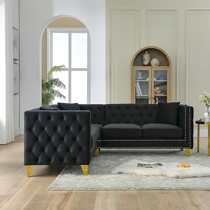mikibama Velvet Modular Sectional SofaModern L-Shaped Sofa Couch with Nailhead Trim5 Seater Corner Sofas for Living RoomApartmentButton Tufted with Gold Metal Legs (Black L-Shape)
