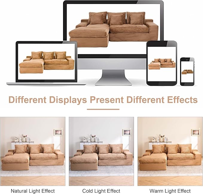 98.8 Cloud L Shaped Sectional Couch with Deep Seat Modern Boneless Compressed Sofa with Chaise 4 Seat Corduroy Couches for Living Room Bedroom No Assembly Required (Brown)