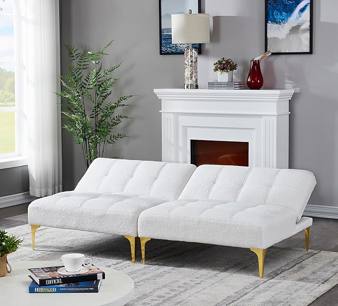 71 Sectional Sofa Bed Convertible Futon Couch with Adjustable Backrest Comfy Loveseat Sleeper with 2 Pillows Modern Armless Love Seat with Gold Metal Legs for Small Living Room Bedroom White
