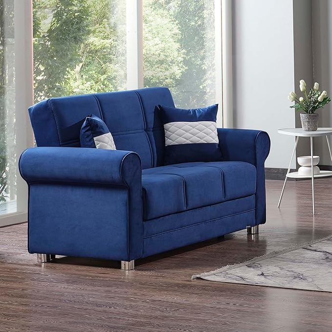 Sweet Home Stores 61 Loveseat with Storage Firm Fabric 2 Seater Convertible Small Sleeper Couch Bed for Living Room or Home Office Blue