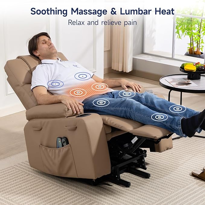 Power Lift Recliner Chair for Elderly with Massage &amp Heat 160° Adjustable PU Leather Electric Recliner with Remote Cup Holders Side Pockets and Stand Assist for Living Room Bedroom (Brown)