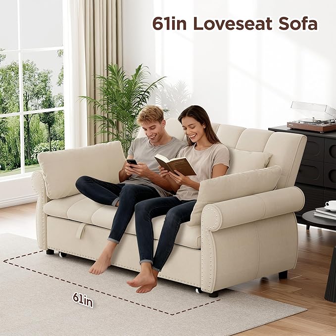 3 in 1 Sofa Bed 61 Inch Convertible Pull out Couch with Four Pillows Loveseat Sleeper Sofa with Adjustable Backrest Sofa Couches for Living Room Bedroom Apartment Chenille Fabric Beige