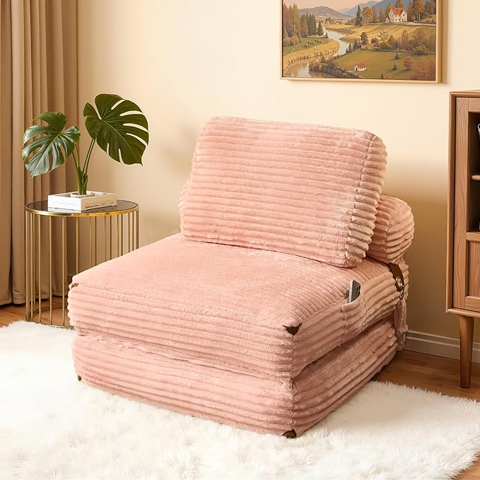 75'' Foldable Sofa Bed Convertible Sleeper Sofa with Pillow Boneless Corduroy Foldable Couch Bed Single Sleeper Chair for Small Spaces Living Room Bedroom StudioPink