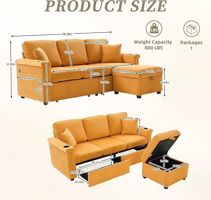 L Shaped Sectional Sofa with Storage &amp Movable Ottoman 76 Corduroy 3 Seater Sectional Couch with USB Charging Cup Holder &amp LED Light Couches for Living Room Mustard Yellow
