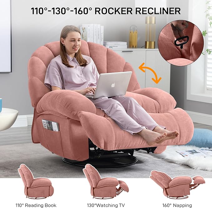 Swivel Rocker Recliner Chair – Shell Shape Manual Big Tall Single 360° Swivel Reclining Sofa with Storage Pockets | Small Space-Friendly for Living Room/Bedroom (NO Massage &amp Heat Pink)