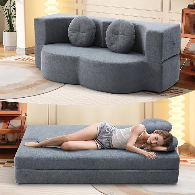 Convertible Folding Sofa Bed 75.5 Boneless Cloud Couch Loveseat Floor &amp Futon Lounge Sleeper Couches Lychee Velvet for Living Room Office Small Spaces No Assembly Required Grey