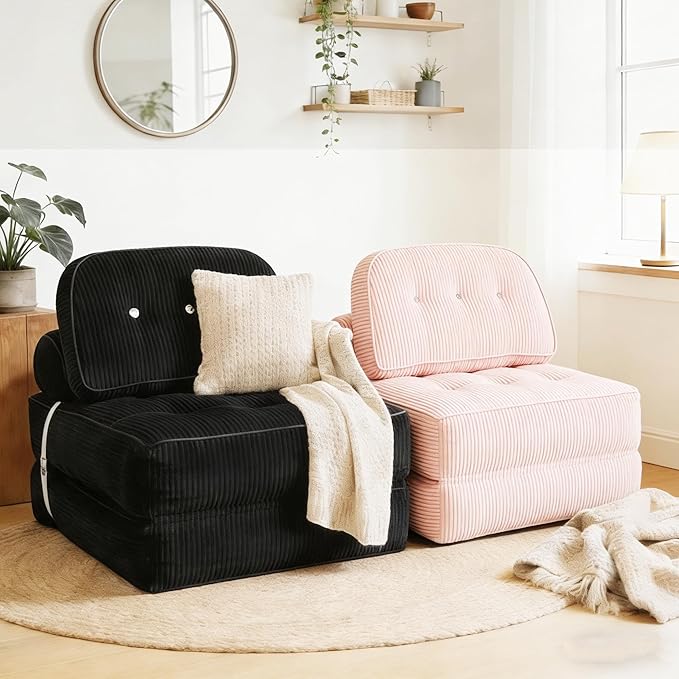 Folding Sofa Bed Flannel Futon Couch Bed with Pillow and Blanket Convertible Sleeper Chair for Living Room Bedroom (Pink+Black)