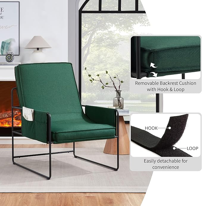 Modern Accent Chair with Removable Cushion &amp Wood Armrests - Ergonomic Vanity Chair for Living Room Bedroom Balcony 396lbs Capacity Corduroy Fabric Comfy Chair with Easy Assembly (Green)