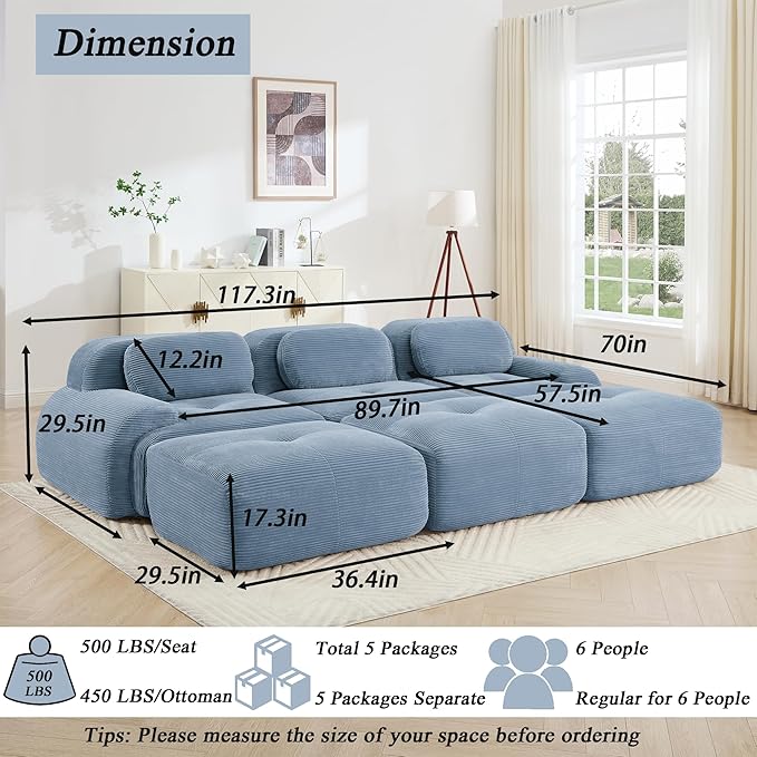 Modular Sectional Sofa Boneless Couch Corduroy Cloud Couch Modern Deep Seat Comfy Sectional Couches for Living Room Oversized 6 Seater Sofa for Bedroom Apartment - No Assembly(Blue)