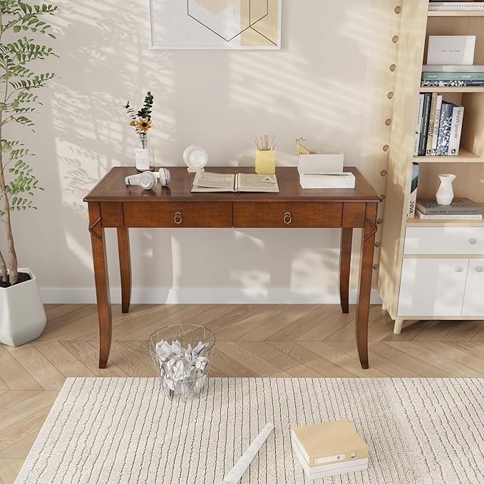 Large Computer Desk Office Table with 2 Drawers 46 Solid Wood Study Writing Desk Workstation with Storage Space Mid-Century Vanity Dressing Table for Office Easy Assembly Caramel Brown BSZ-DR200