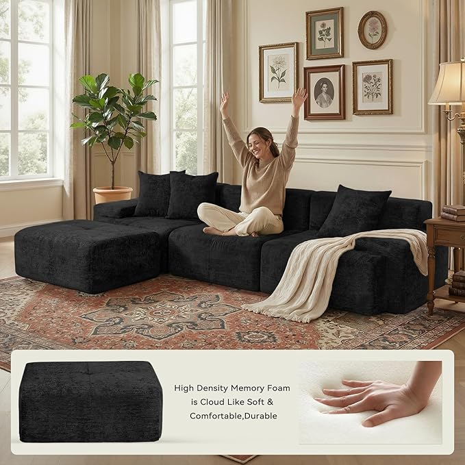 117 Modular Sectional Sofa Couch Chenille Upholstered Boneless Couch Oversized L-Shaped Cloud Sectional Couch with Ottoman &amp Deep Seating No Assembly Black