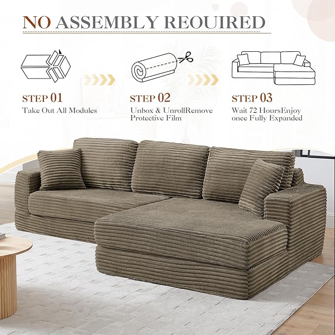 112.6 Oversized Fold Out Couch Bed King 3 in 1 Convertible Modern L Shape Cloud Modular Sectional Comfy Boneless Foam Couch Futon for Living Room No Assembly(Brown CorduroyRight Facing Chaise)