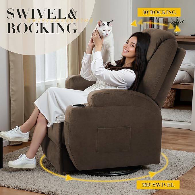Recliner Chair 360° Swivel Rocker Chair for Adults Rocking Recliner Chair with Massage Comfy Single Sofa with Side Pockets Cup Holders for Living Room Bedroom Nursery (Fabric Brown)