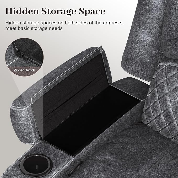 Recliner Chairs for Adults Oversize Manual Reclining Chair with 2-Tier Cushions Dutch Velvet Recliner Chair with Hidden Storage Space Living Room Recliner Chairs with Cup Holders - Grey