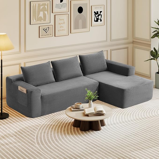 Rovibek 97” Couches for Living Room Modular Sectional Sofa with Chaise &amp Deep Seat Comfy Corduroy Boneless Couch No Assembly Required Grey