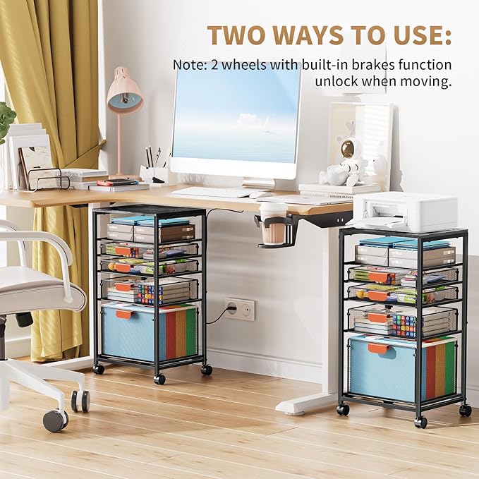 Marbrasse Rolling File Cart with 4 Storage Drawers Mobile File Cabinet on Lockable Wheels Hanging Filing Cabinet Organize Under Desk Utility Cart for Home Office - Dark Brown