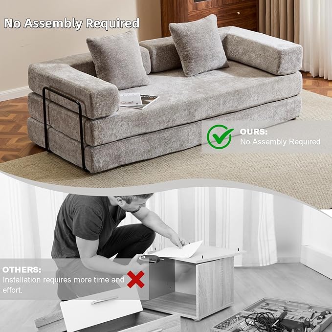 Convertible Floor Sofa Bed Fold Out Floor Couch with Pillow Back &amp Armrest Compressed Couch with Fixed-Shape Frame Chenille Foldable Sleeper Sofa Bed for Living Room Bedroom Light Grey