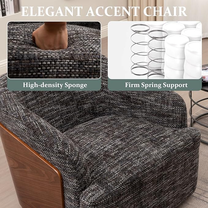 Swivel Accent Chair Linen Swivel Barrel Chair Comfortable Mid Century Modern Chair Upholstered Metal Base Armchair for Living Room Bedroom Office Large Vintage Gray