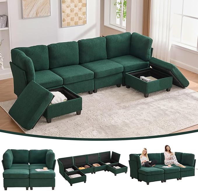 113 Modular Sectional Sofa Couch with Storage U Shaped 4 Seat Couches with Movable Ottoman Freely Combinable Deep Seat Sofa Upholstered Sectional Couches for Living Room Emerald