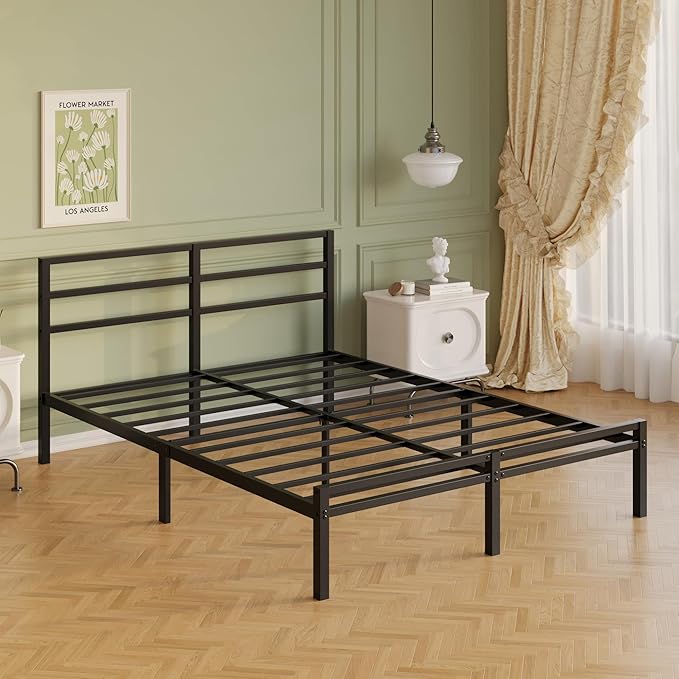 12 Inch Queen Bed Frame with Headboard and Footboard Classic Metal Platform Bed Frame Queen Size Under Bed Storage No Box Spring Needed Easy Assembly Noise Free Black