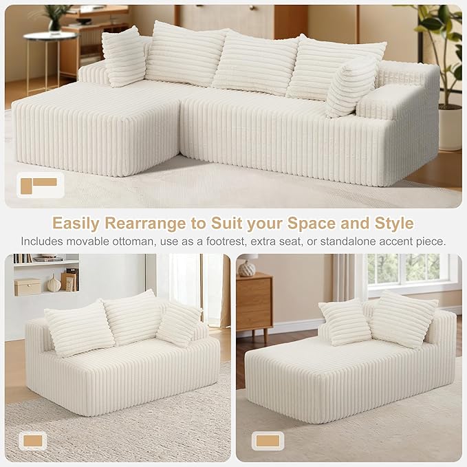 Redlife 95 L-Shaped Modular Sectional Sofa Faux Rabbit Fur Modular Floor Couch with Chaise High-Density 30D Foam Sponge No Assembly Required 5 Pillows Compressed for Living Room (Beige)