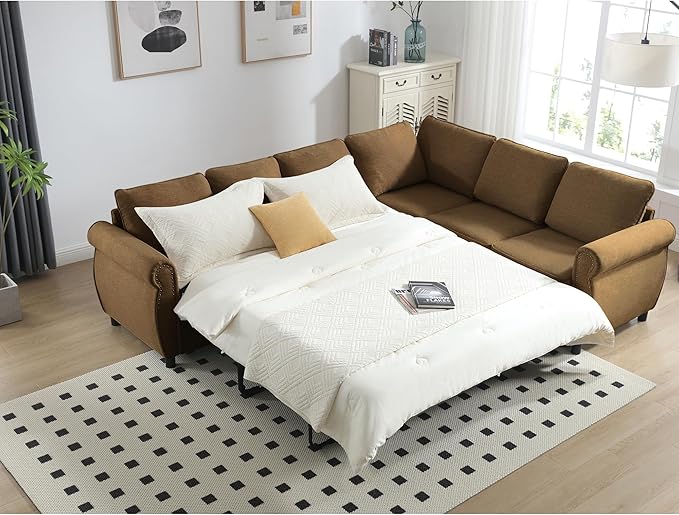 TTK 104 L-Shaped Convertible Sectional Sofa Bed 6-Seater with Pull Out Queen Size Daybed Memory Foam Mattress &amp Arms Easy Assembly Riveted Sofa for Living Room Brown