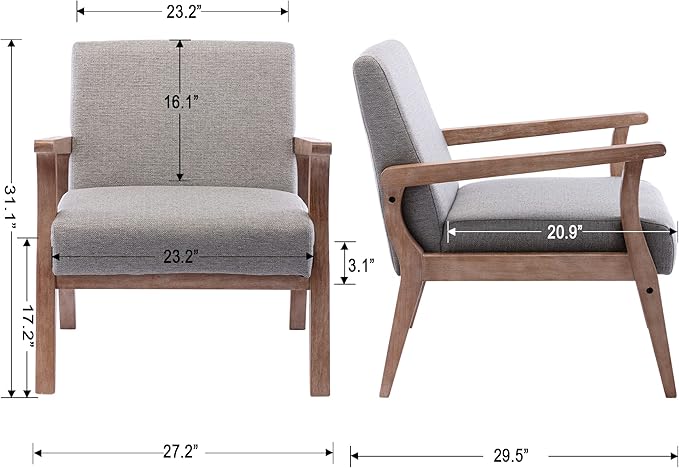 Wahson Comfy Living Room Chairs Linen Upholstered Accent Chairs Farmhouse Armchairs with Natural Wood Frame Oversized Decorative Chair for Bedroom Grey