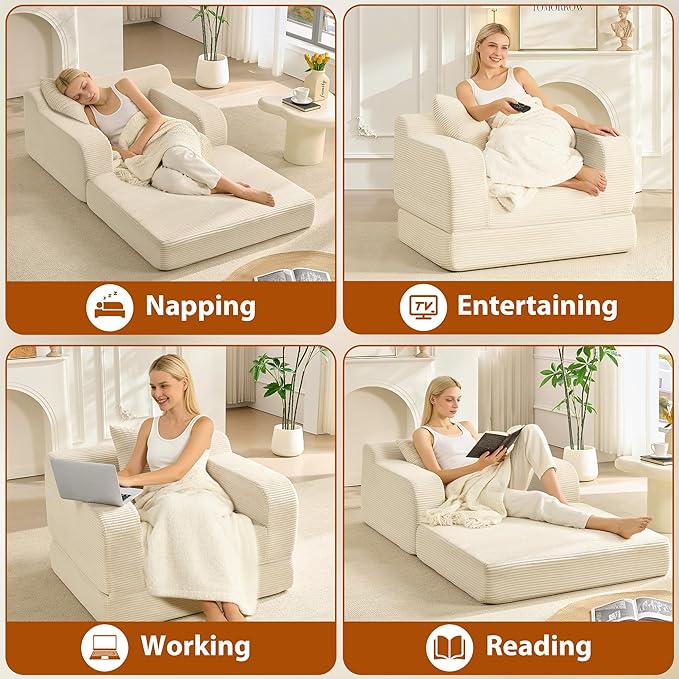 wanan 40 W Folding Sofa Bed 2-in-1 Convertible Bed Sofa to Boneless Sleeper Chair for Adult Comfy Armchair with Back Support Armrests and Pillow for Living Room Bedroom Single Beige | Easy-Conv