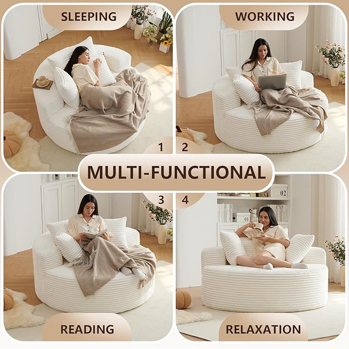 55'' Oversized Round Chair Lounge Chaise Indoor Cloud Boneless Large Circle Chair with Plush Corduroy No Assembly Required Fluffy Modern Sleeper Sofa Bed for Reading Living Room Bedroom(White)