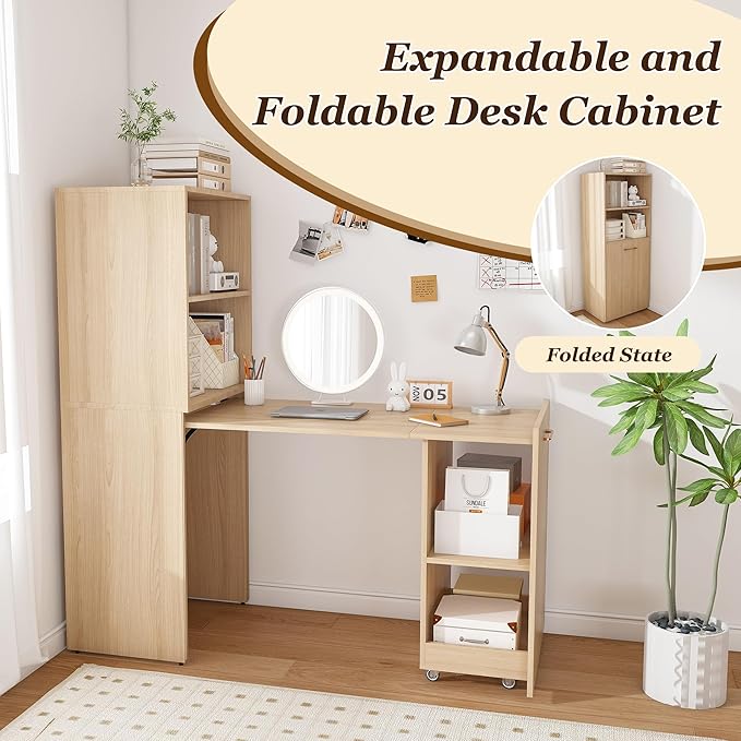 Natural Foldable Office Desk Fold Out Convertible Hidden Murphy Computer Desk with Storage Shelves Multi-Function Folding Writing Table for for Small Spaces Home Office