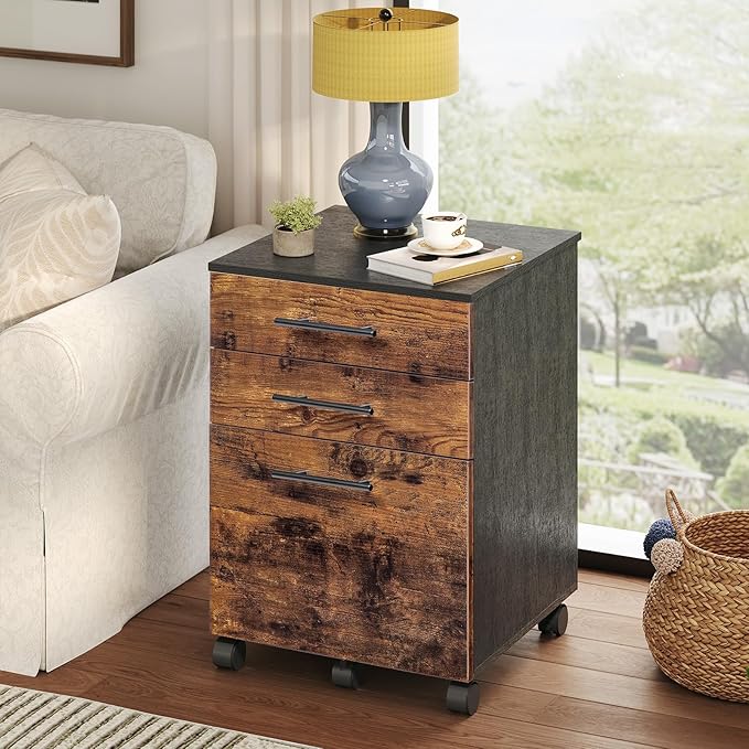 HOOBRO 3-Drawer File Cabinet Wooden Under Desk Filing Cabinet fits A4/Letter Size for Home Office Small Rolling Storage Drawer Chest Printer Stand with Drawers Rustic Brown and Black BF02WJ01G1