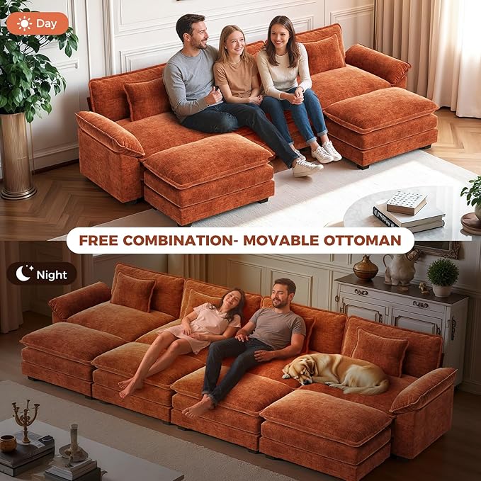 CDCASA 86 Modular Sectional Sofa Comfy L-Shaped Cloud Couch 2-Seater Chenille Deep Seat Modern Loveseat Sofa for Living Room Study Room Terracotta Orange