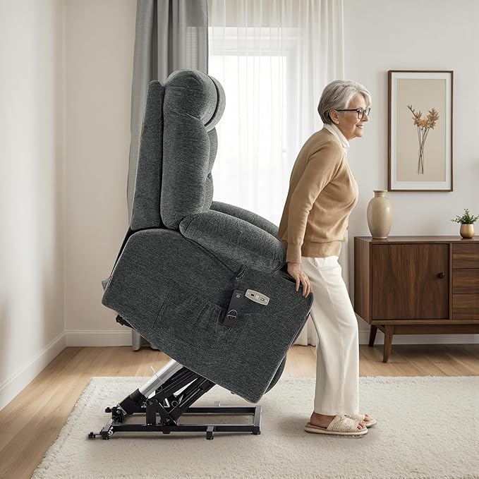 MCombo Oversized Power Lift Recliner Chair with Extended Footrest Extra Wide for Big and Tall Elderly People Fabric R7289 (Dark Gray Medium-Oversize)