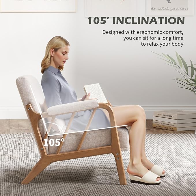 INZOY Accent Chairs Set of 2 Mid Century Modern Accent Chair with Wood Frame Upholstered Reading Armchair with Soft Linen Fabric Accent Chair for Living Room Bedroom Apartment Easy Assembly Beige