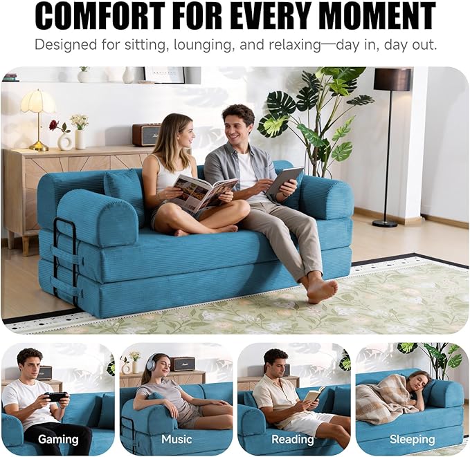 78.8 Boneless Memory Foam Couch Corduroy Convertible Floor Sofa Bed Fold-Out Sleeper Futon Loveseat Wide Armrests &amp Supportive Back 1200 lb Couch in a Box 2 Pillows Light Blue