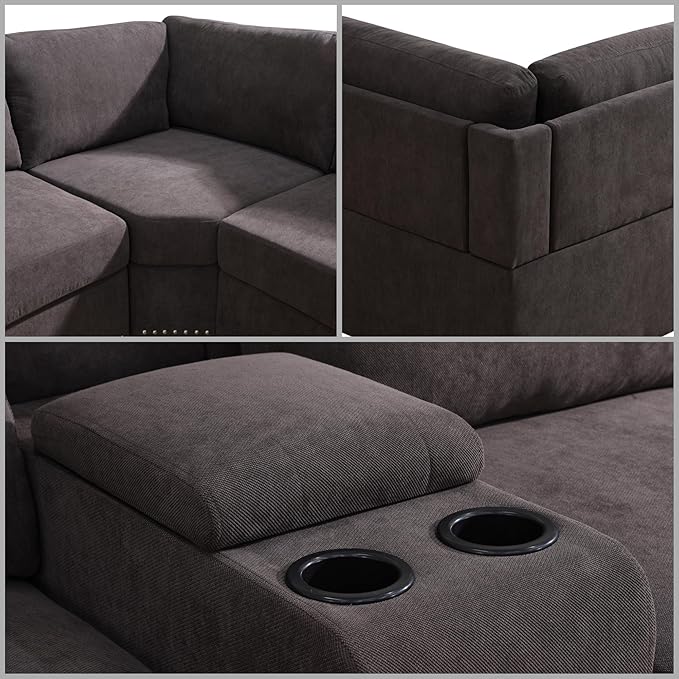 L Shaped Couch Sectional Couches for Living Room Comfy Modular Sectional Sofa with Ottoman Modern Living Room Furniture Sets Loveseat with Cup Holder for Bedroom &amp Office Brown