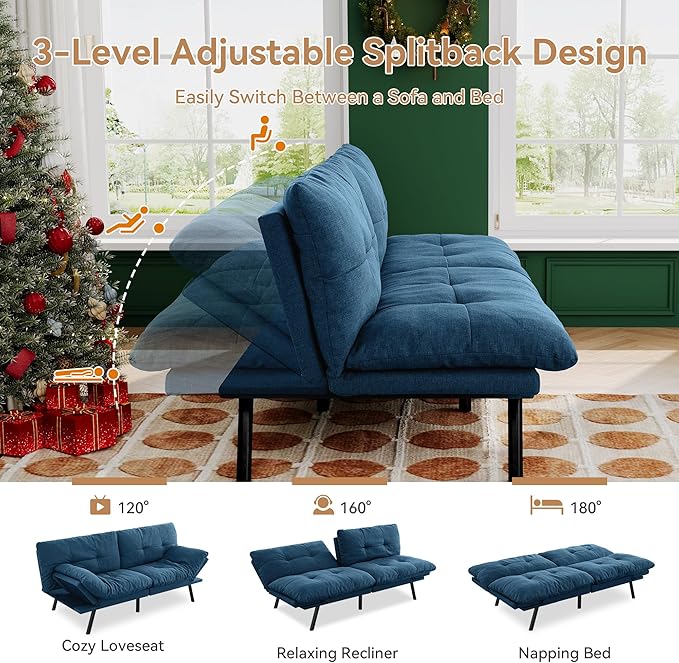 Convertible Futon Sofa Bed71 Modern Fabric Futon Couch with Adjustable Backrest&ampArmrestSmall Loveseat Sleeper SofaDorm Futonsofa for ApartmentLiving RoomDetachable CushionsNavy Blue