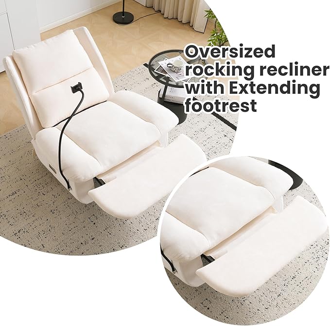Swivel Rocker Recliner Chair Oversized Armless Recliner with Phone Holder &amp USB Port Power Recliner Chair for Adults Cross Legged Glider Rocking Chair for Living Room Chenille Beige