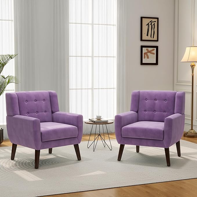 Accent Chair Mid-Century Modern Velvet Fabric Chairs with Arms for Living Room Comfy Upholstered Club Single Sofa Armchair for Bedroom Waiting Room with Solid Wood Frame (Velvet Purple Set of 1)