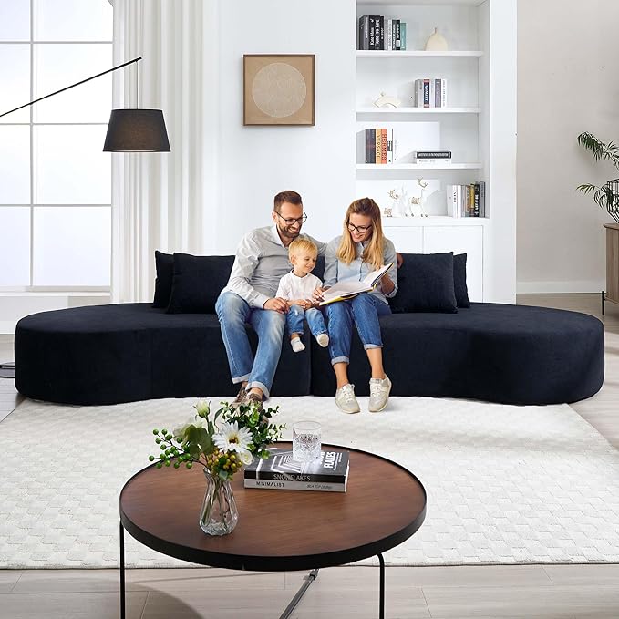 130.5” Oversized Curved Sectional Sofa Modern Cloud Curved Couch Boneless Compression Sofa with 3 Pillows for Living Room Apartment Office No Assembly Required Terrycloth Fabric Black
