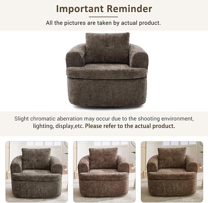 Merax 360° Swivel Sofa Chair Chenille Fabric Accent Barrel Chair 36.6 Swivel Round Chair with Dual-Layer Cushion Design for Living Room Bedroom Office and Hotel Brown