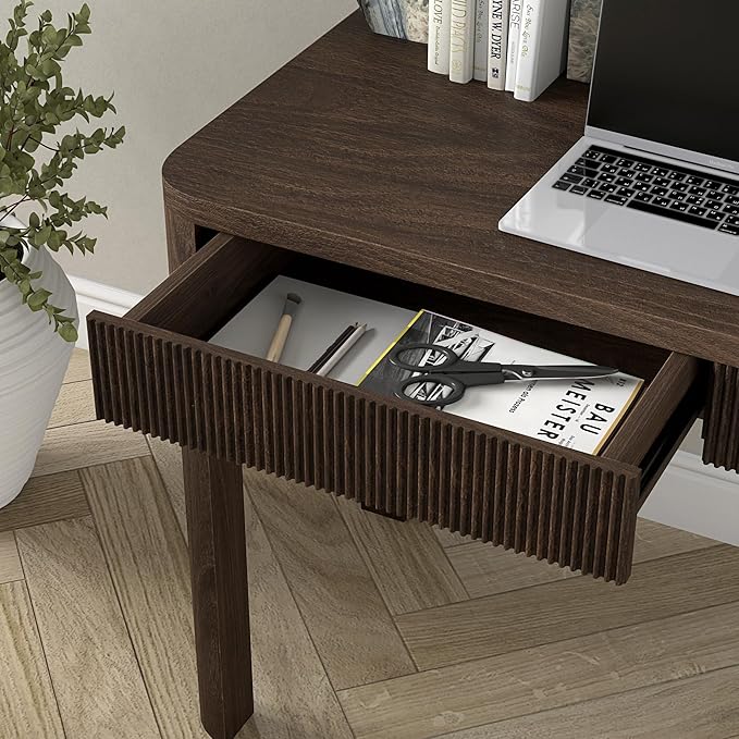 Henn&ampHart 48 Fluted Modern Rectangular Wooden Home Office Desk Computer Desk Writing Table with 2 Ribbed Storage Drawers for Bedroom Living Room or Home Office Warm Brown