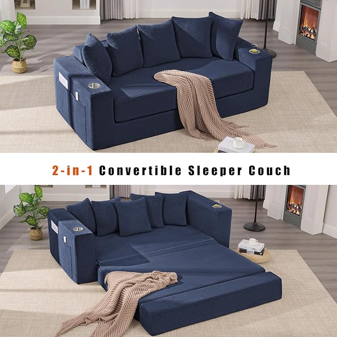 Anwick 2-in-1 Convertible Sleeper Sofa Bed Corduroy Boneless Loveseat Cloud Couch for Living Room Compressed Sofa in a Box 5 Pillows Fixed Frames Side Pockets &amp Cup Holders No Assembly (Blue