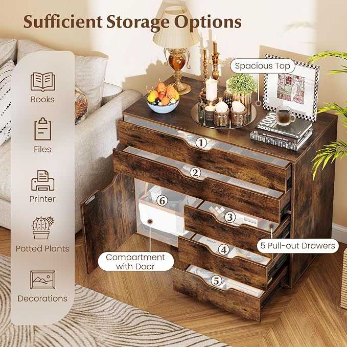 File Cabinet 5 Drawer Filing Cabinet with Door Mobile Storage Organizer Wooden Printer Stand on Wheels for Study Home Office Living Room (Rustic Brown)