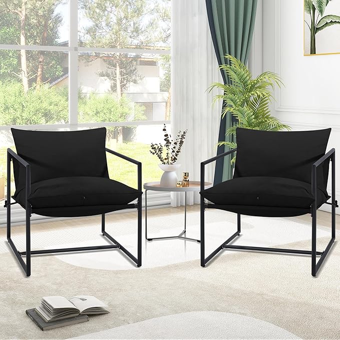 Kromax Sling Accent Chair Set of 2 Cozy Living Room Chairs Square Metal Frame Upholstered Soft Cushion Sponge 28 x28“x32 Easy Assembly Black