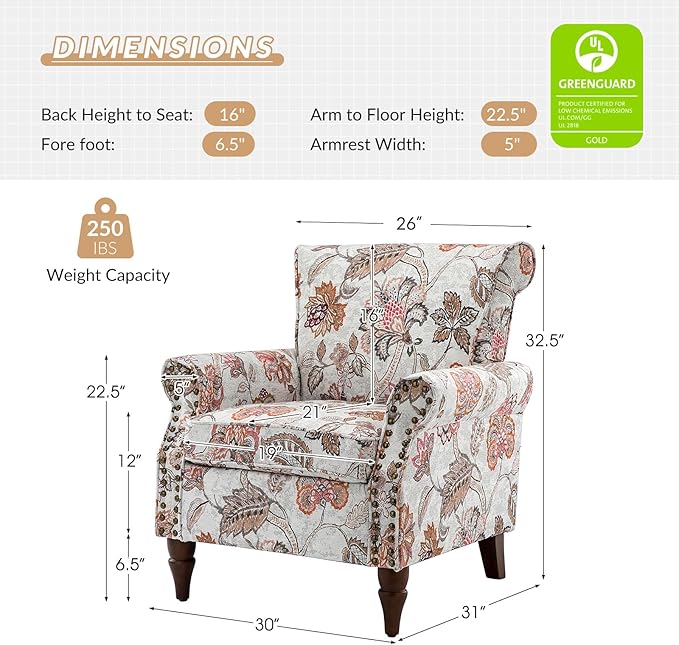 HULALA HOME Modern Wingback Accent Chair with Wood Legs &amp Removable Cushion Comfy Upholstered Armchair with Nailhead Trim Floral Pattern Single Sofa Chair for Living Room Bedroom Pink