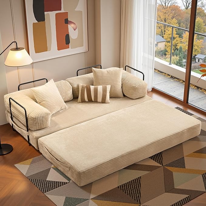 81″ Convertible Sleeper Sofa Bed with Pillows Corduroy Foldable Mattress Couch with Fixed-Shape Frame Futon Sofa Bed Boneless Couch for Living Room Bedroom Lounge Studio Beige