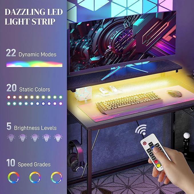 42 L Shaped Desk with LED Lights Power Outlet USB Charging Ports Reversible L Shaped Computer Desk with Storage Shelves Monitor Stand Corner Gaming Desk for Home Office Black